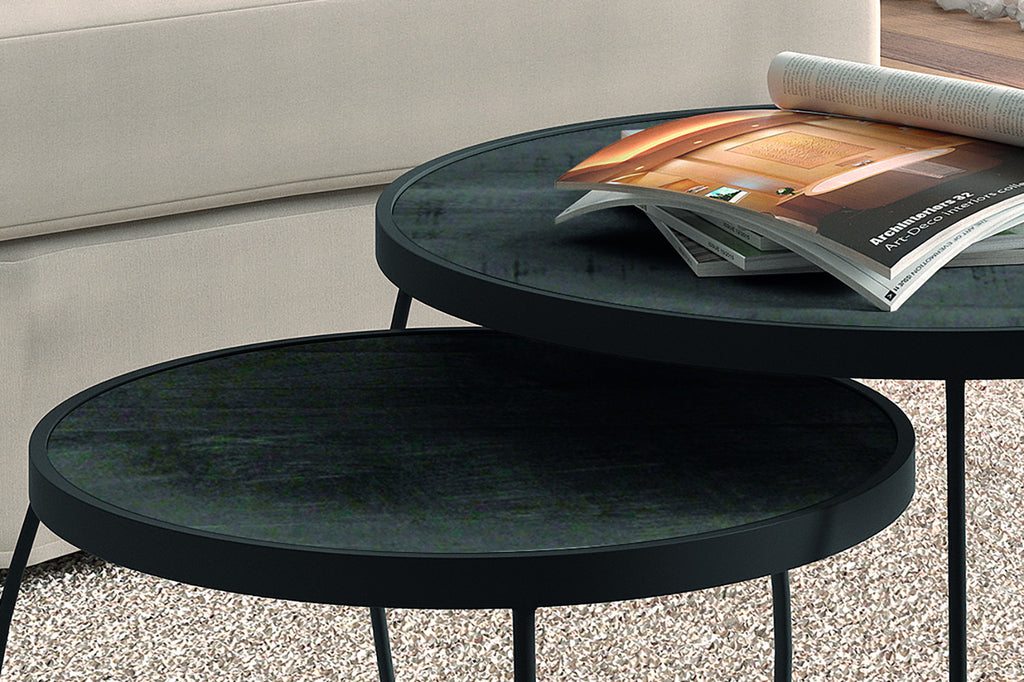 Rousseau Lars Salontafel – 2-delig Mango Hout & Metaal – Zwart – Ø65 x H43 cm